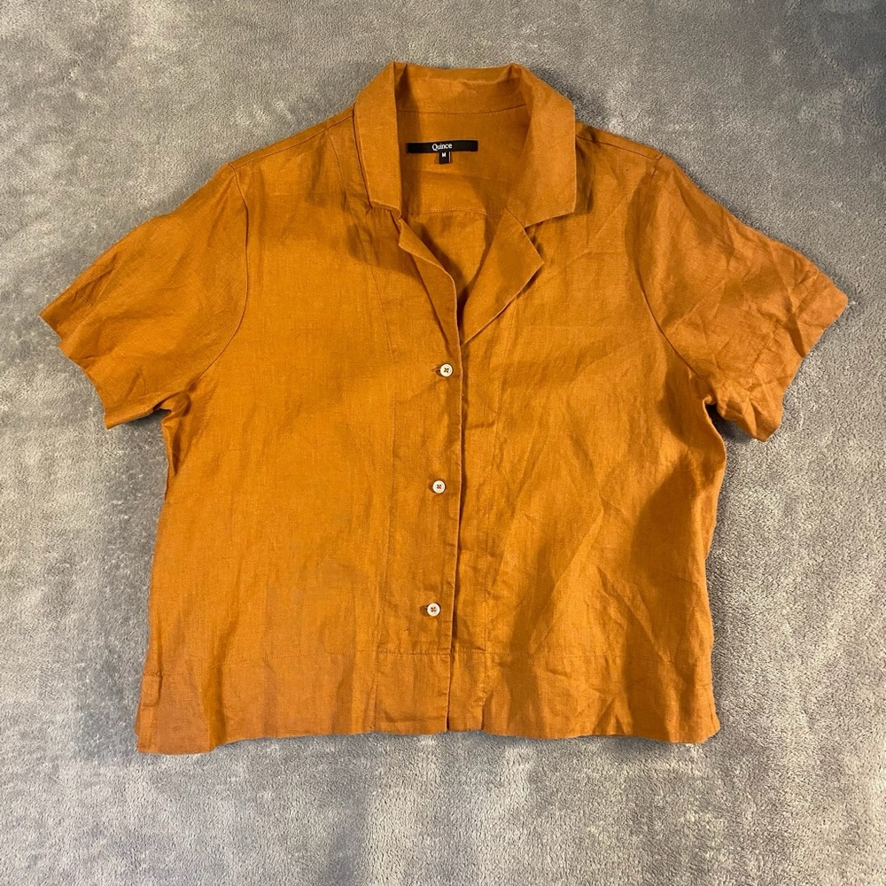 Quince Women's 100% Linen Button Down Shirt in Rust Orange